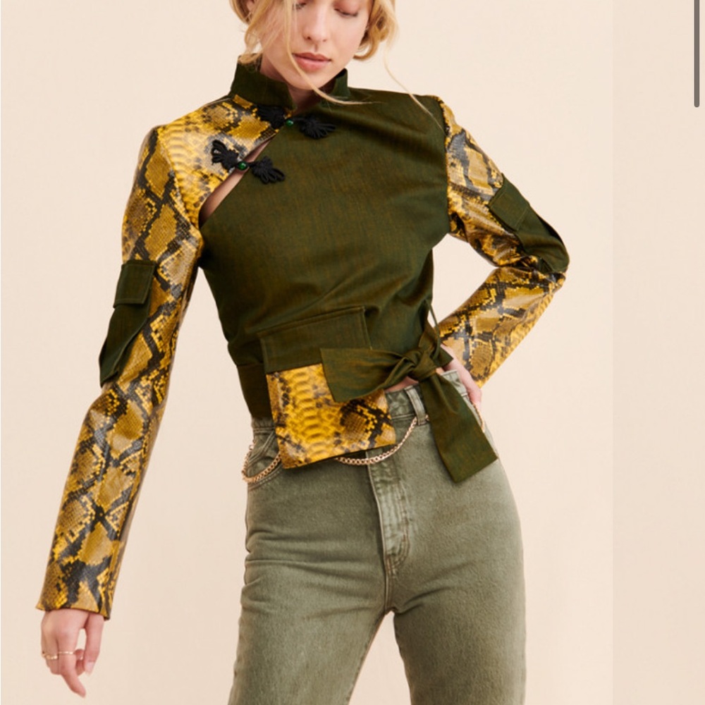 kim shui cargo snakeskin cropped jacket: vegan leather snake skin fabric